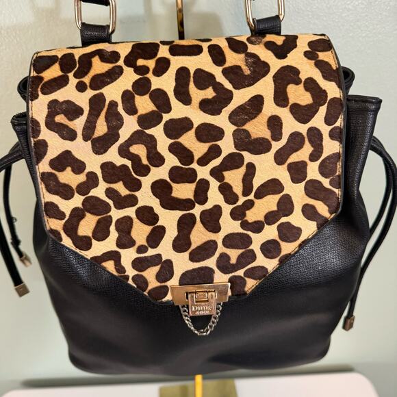 Dune London Backpack Genuine Calf Hair Leopard Print Saffiano Leather Flap Black - Picture 4 of 15